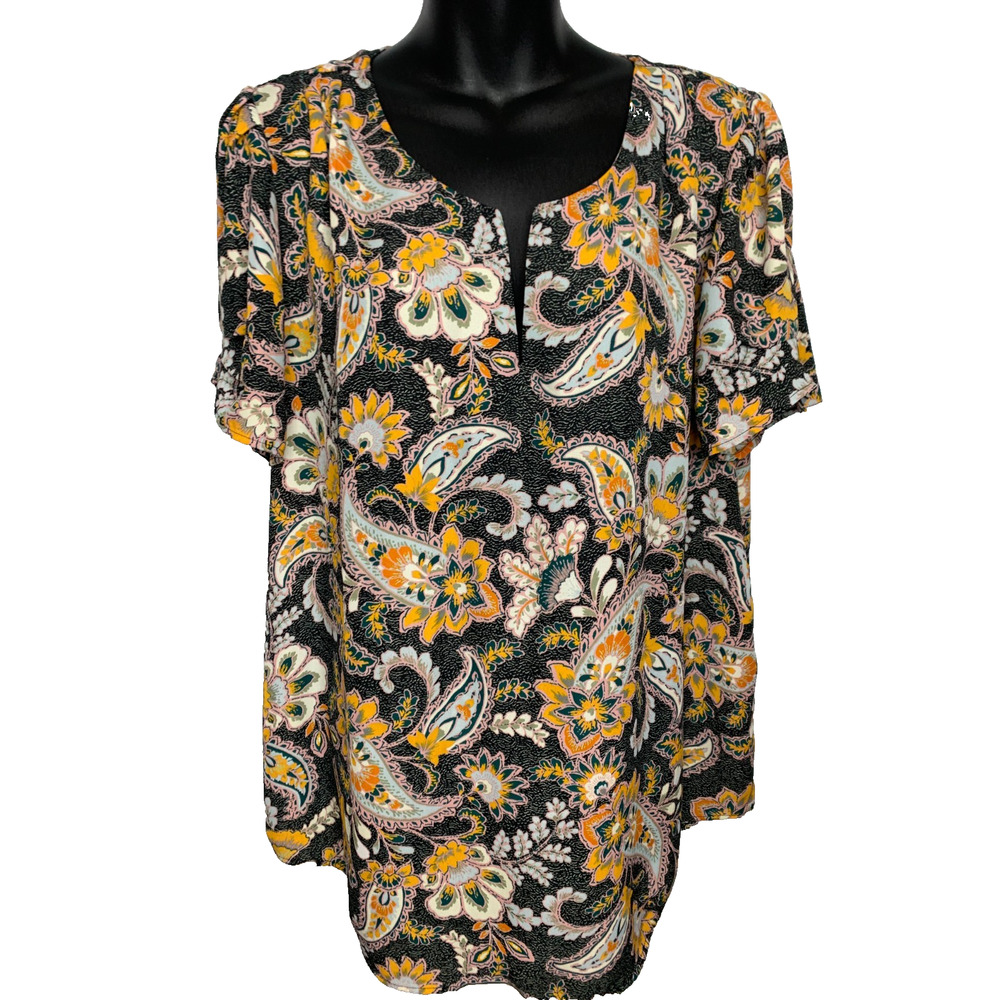 DR2 Daniel Rainn V-Neck Short Sleeve Black Paisley Blouse Women's XL